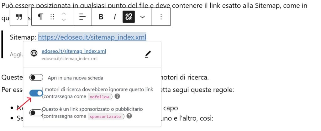 come inserire attributo nofollow